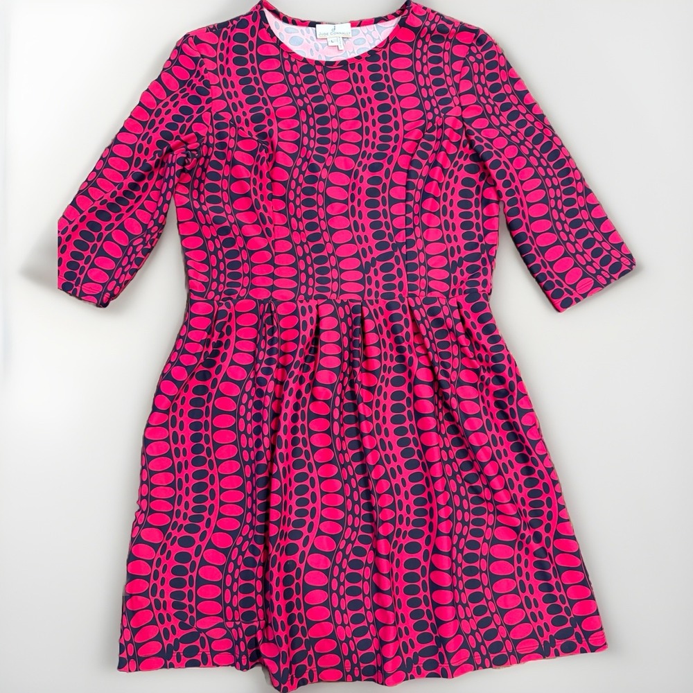 Jude Connally Brynn Dress L Fuschia Navy Circles Fit N Flare 3/4 Sleeve Stretch